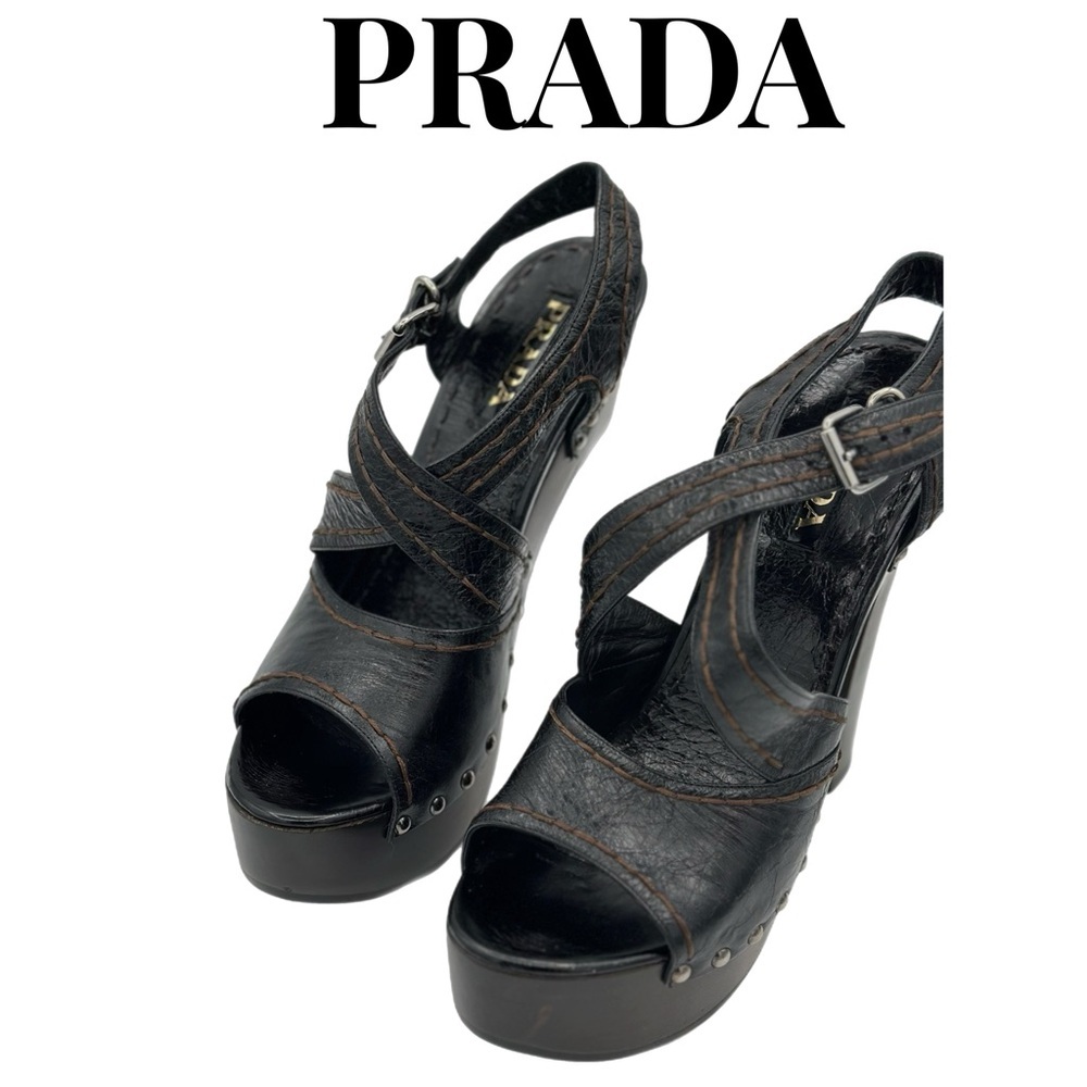 Prada Black Leather Crisscross Platform Sandals – Made in Italy – Size 39.5